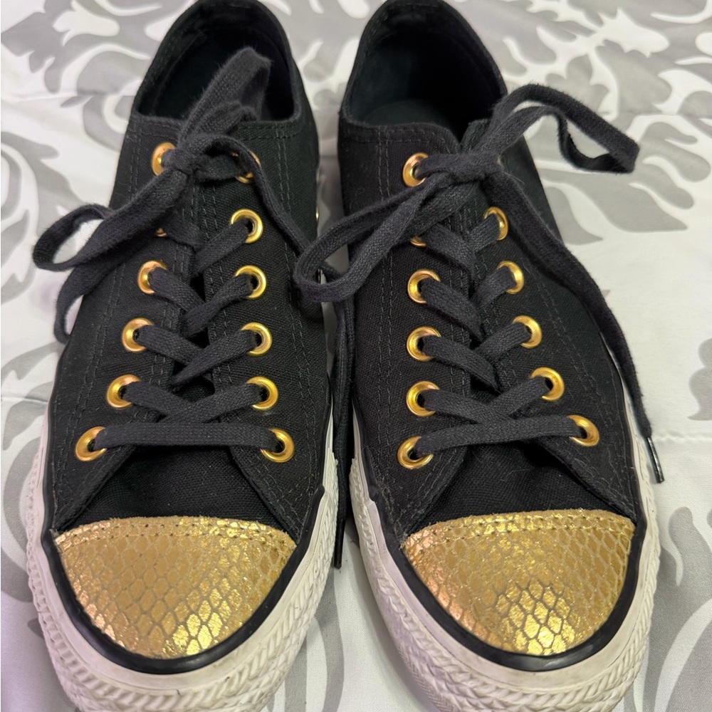 Converse All Stars Black Gold White Women's so 8 Sneakers w/ gold snakeskin toe